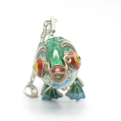 925 Sterling Silver Enamel Antique Chinese Koi Fish Chatelaine Pendant / Fob
