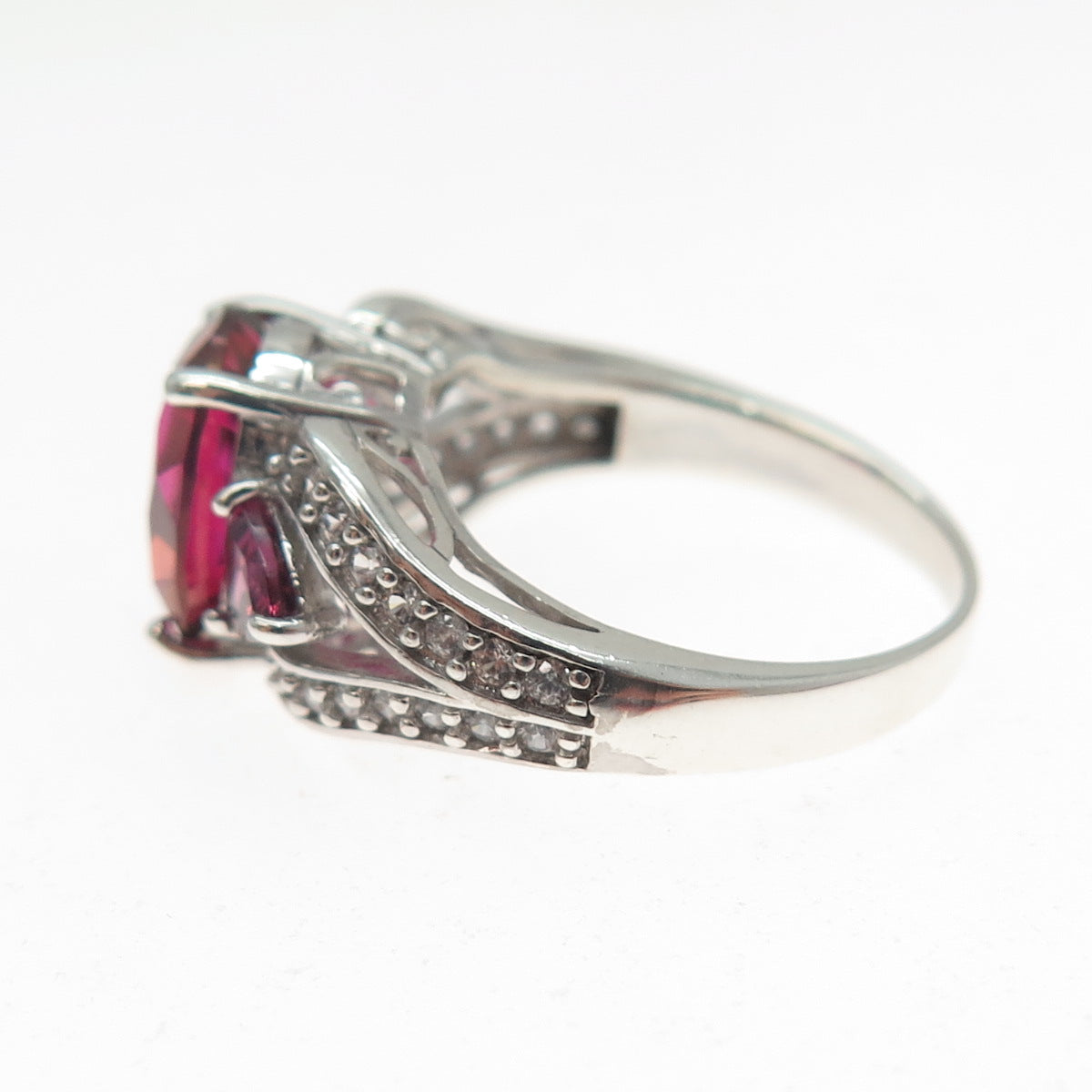 925 Sterling Silver Lab-Created Ruby Real White Topaz Tourmaline Ring Size 6.25