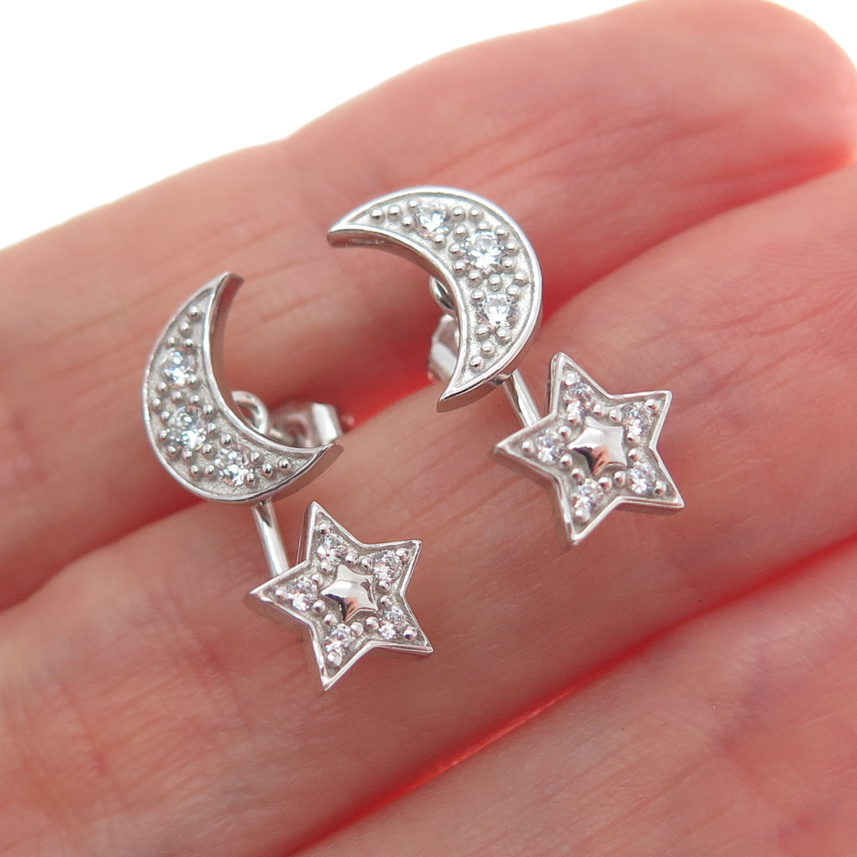 925 Sterling Silver Round-Cut C Z Crescent Moon & Star Interchangeable Earrings