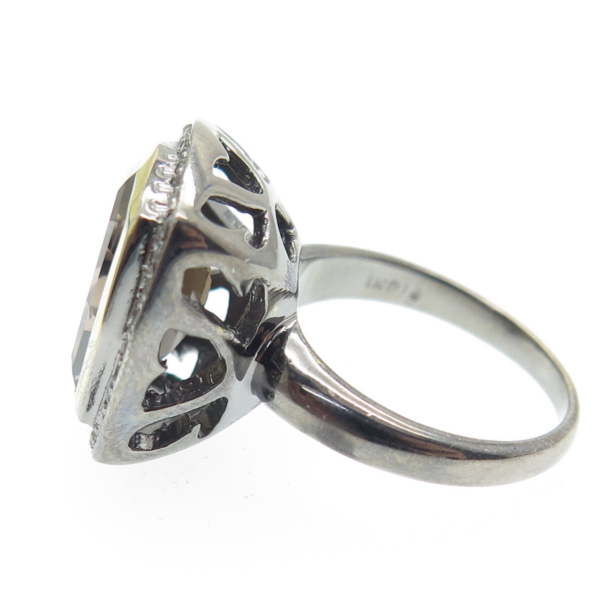 925 Sterling Silver Black Rhodium 2-Tone Diamond & Smoky Quartz Ring Size 5