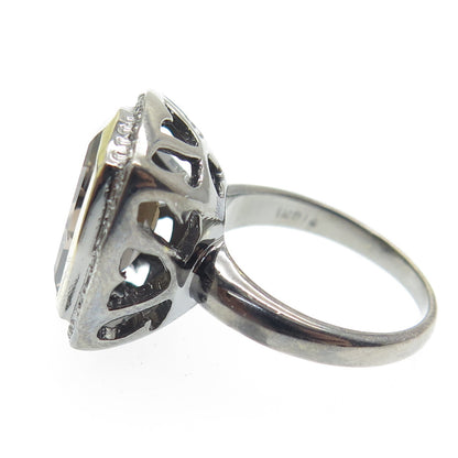 925 Sterling Silver Black Rhodium 2-Tone Diamond & Smoky Quartz Ring Size 5