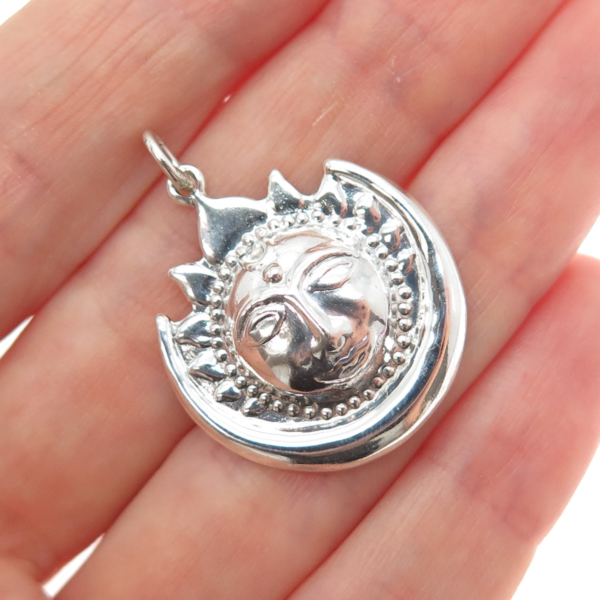 925 Sterling Silver Vintage Eclipse Sun Face & Crescent Moon Charm Pendant