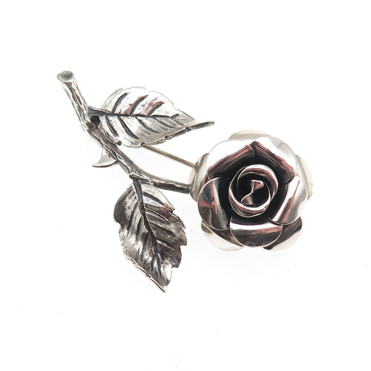 Beau 925 Sterling Silver Vintage Rose Flower Oxidized Pin Brooch