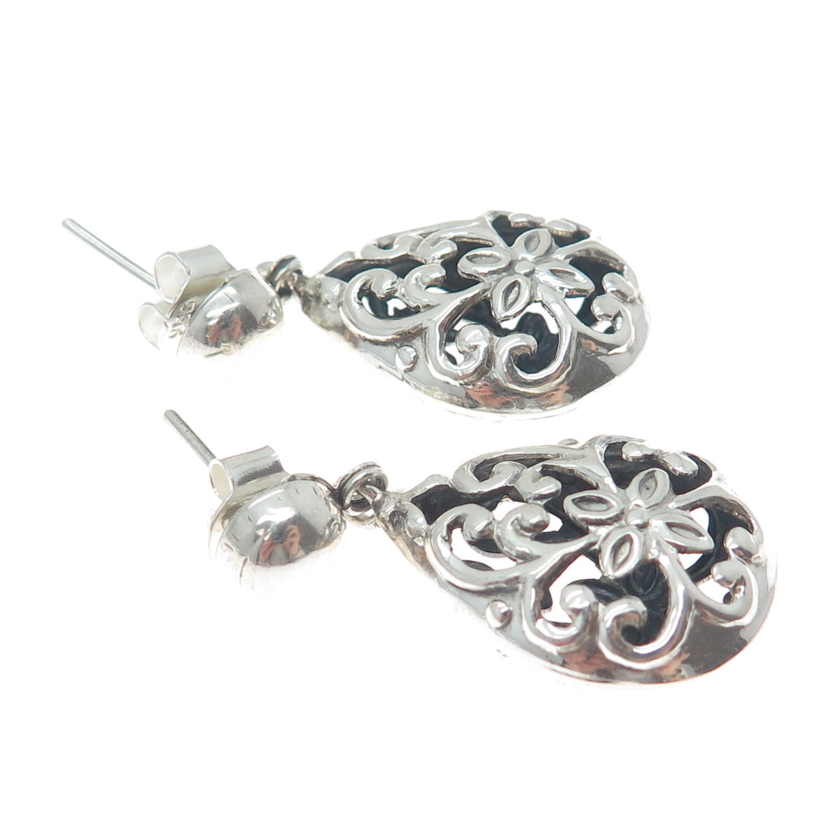 950 Silver Vintage Floral Swirl Teardrop Dangle Earrings