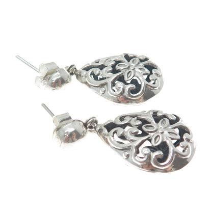 950 Silver Vintage Floral Swirl Teardrop Dangle Earrings