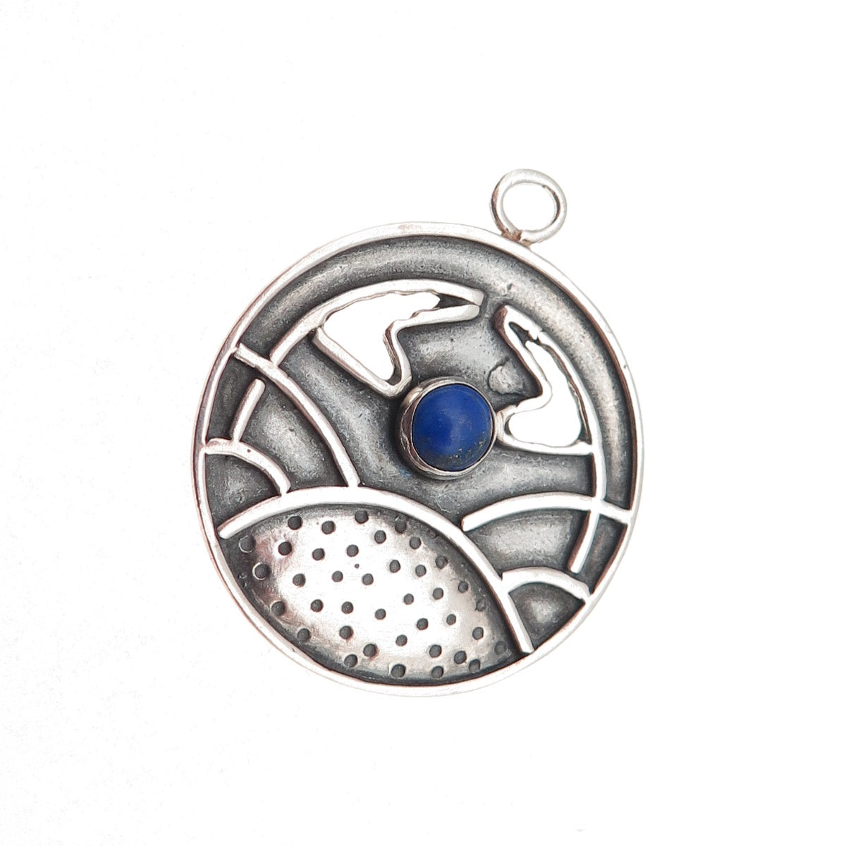 925 Sterling Silver Vintage Real Lapis Lazuli Modernist Oxidized Charm Pendant