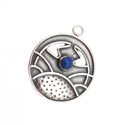 925 Sterling Silver Vintage Real Lapis Lazuli Modernist Oxidized Charm Pendant