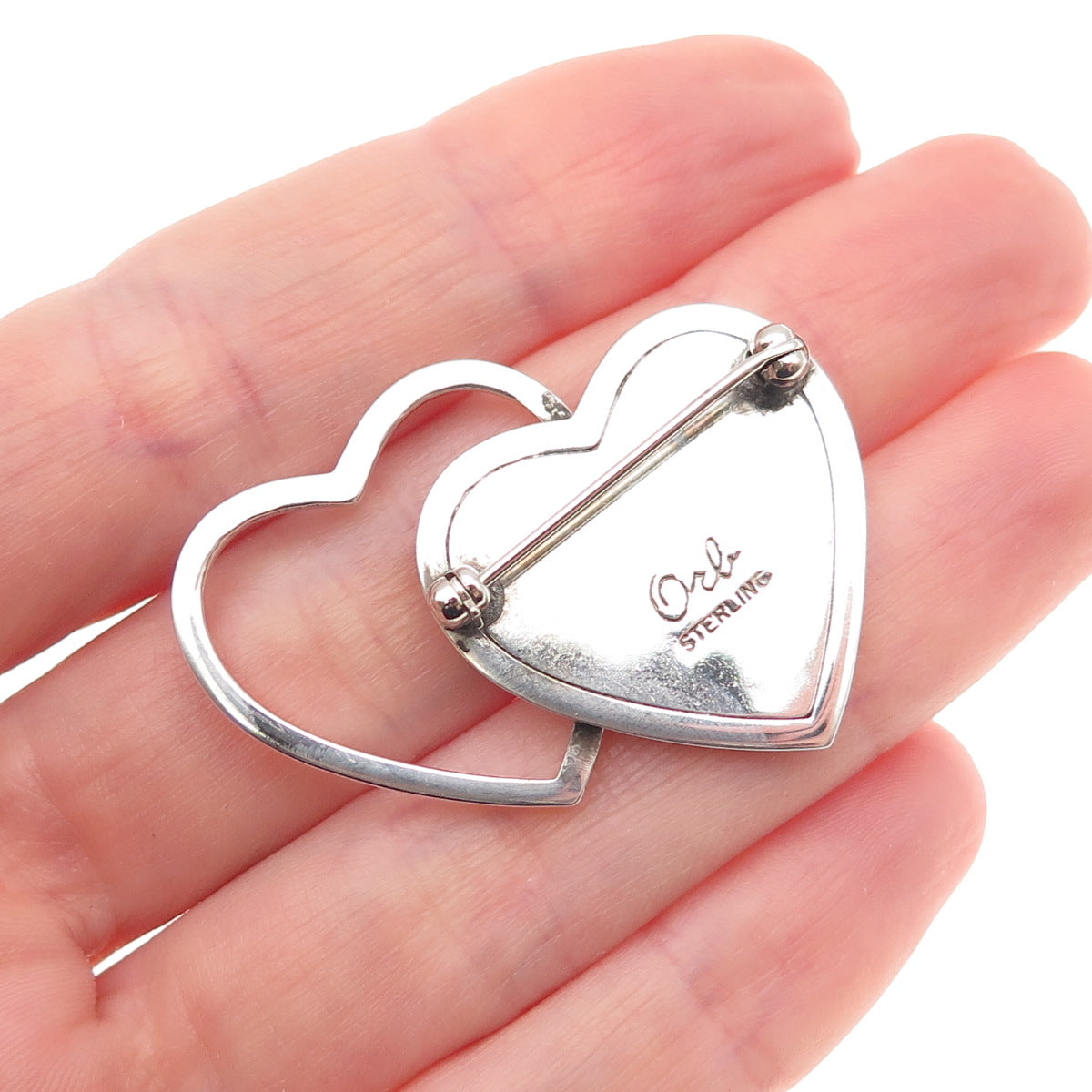 ORB Otto Robert Bade 925 Sterling Silver Vintage Heart Couple Pin Brooch