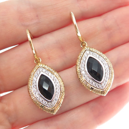 FADI 925 Sterling Silver Gold Plated Real Black Onyx & C Z Dangle Earrings