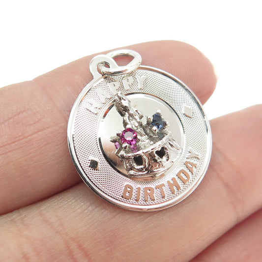 925 Sterling Silver Vintage Blue & Pink Rhinestone "Happy Birthday" Cake Pendant