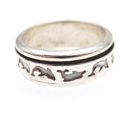 925 Sterling Silver Vintage Mexico Dolphin Rotating Oxidized Band Ring Size 8.25