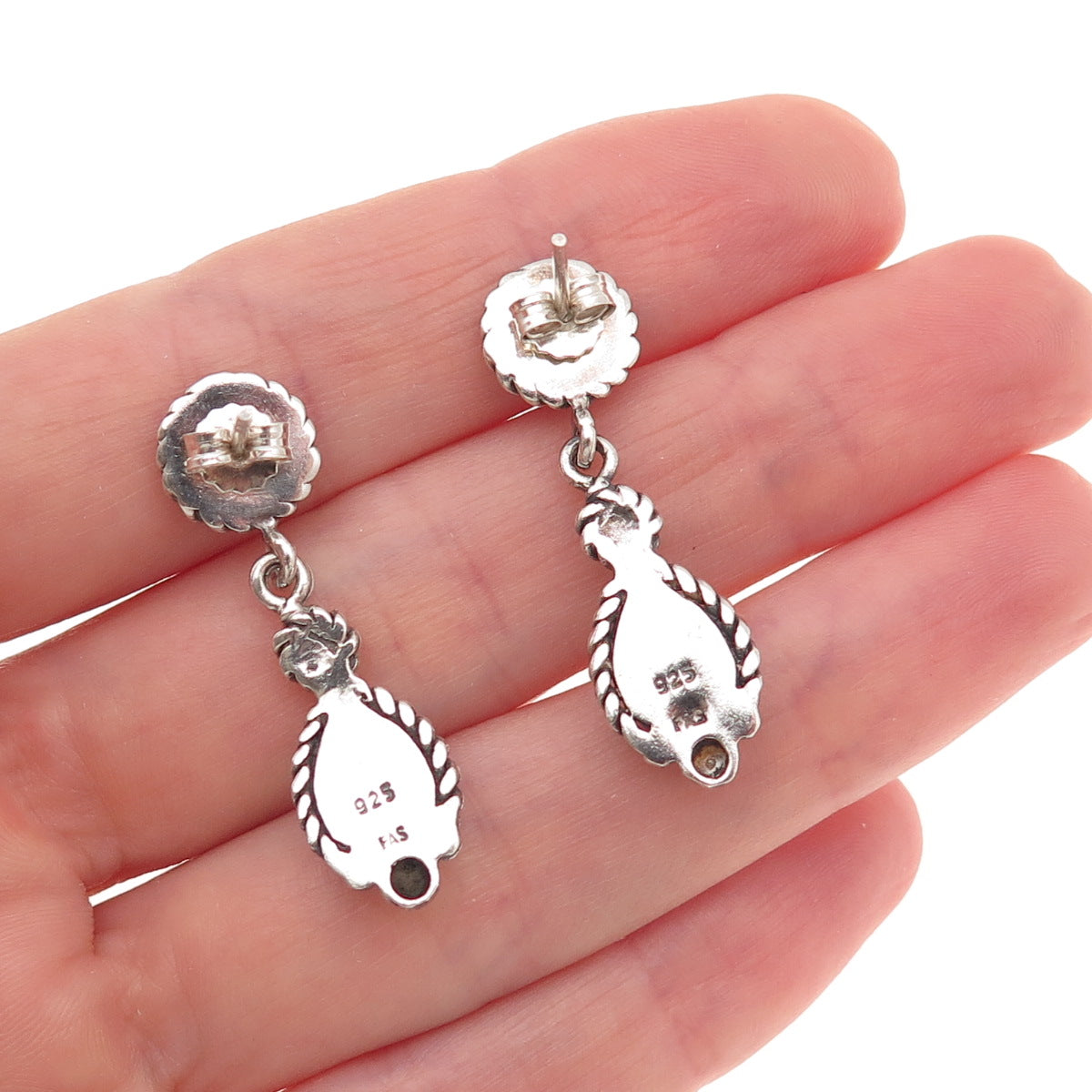 925 Sterling Silver Vintage Real MOP Teardrop Oxidized Dangle Earrings