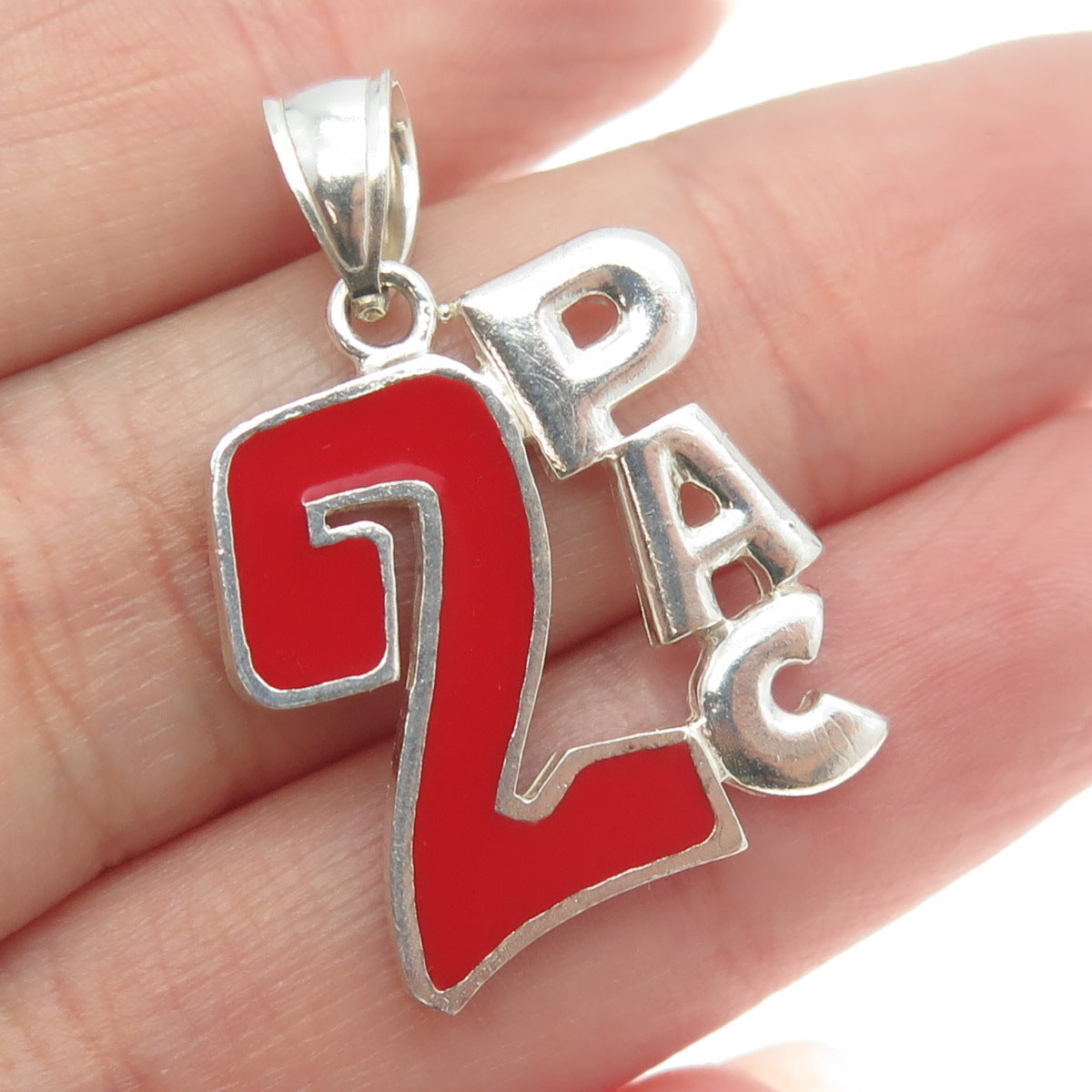 925 Sterling Silver Vintage Red Enamel "2PAC" Pendant