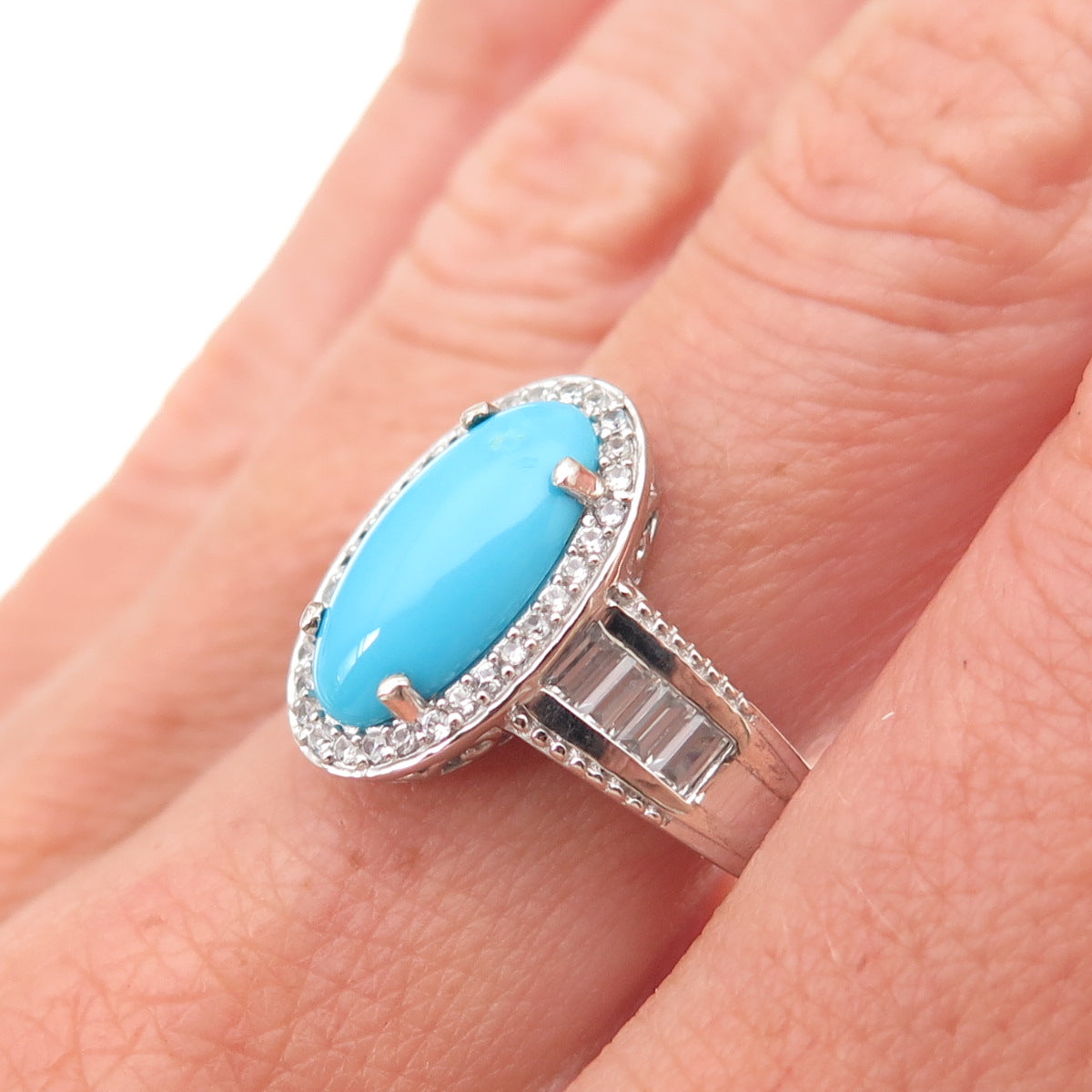 Chuck Clemency 925 Sterling Silver Real Turquoise & White Topaz Ring Size 8.25