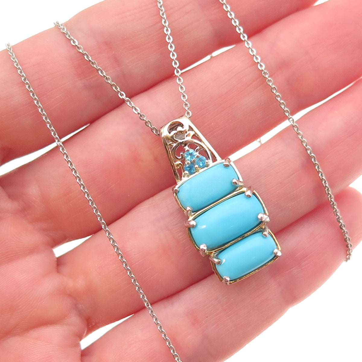 D'Joy 925 Sterling Silver 2-Tone Real Turquoise Apatite Cable Chain Necklace 20"