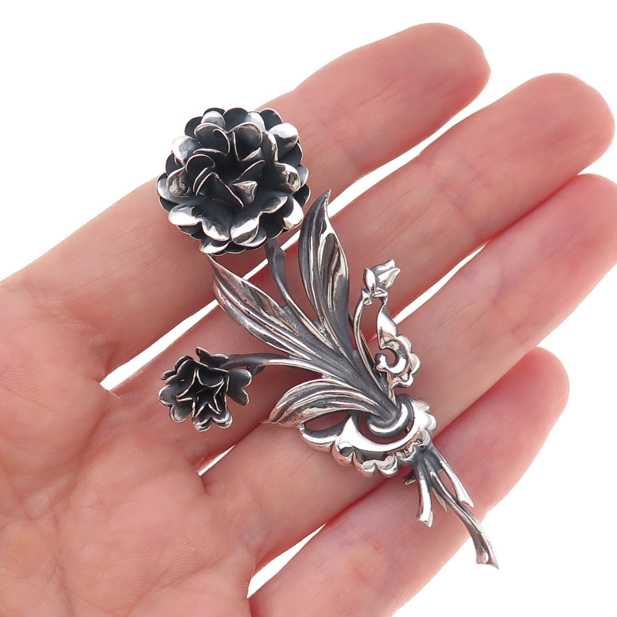 Lang 925 Sterling Silver Antique Art Deco Floral Oxidized Pin Brooch