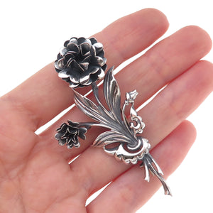 Lang 925 Sterling Silver Antique Art Deco Floral Oxidized Pin Brooch