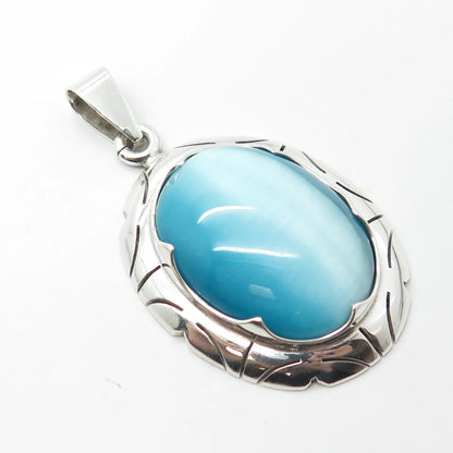 950 Silver Vintage Mexico Real Blue Fiber Optic Cat's Eye Gem Pendant