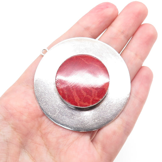 925 Sterling Silver Vintage Real Coral Modernist Disc Pendant