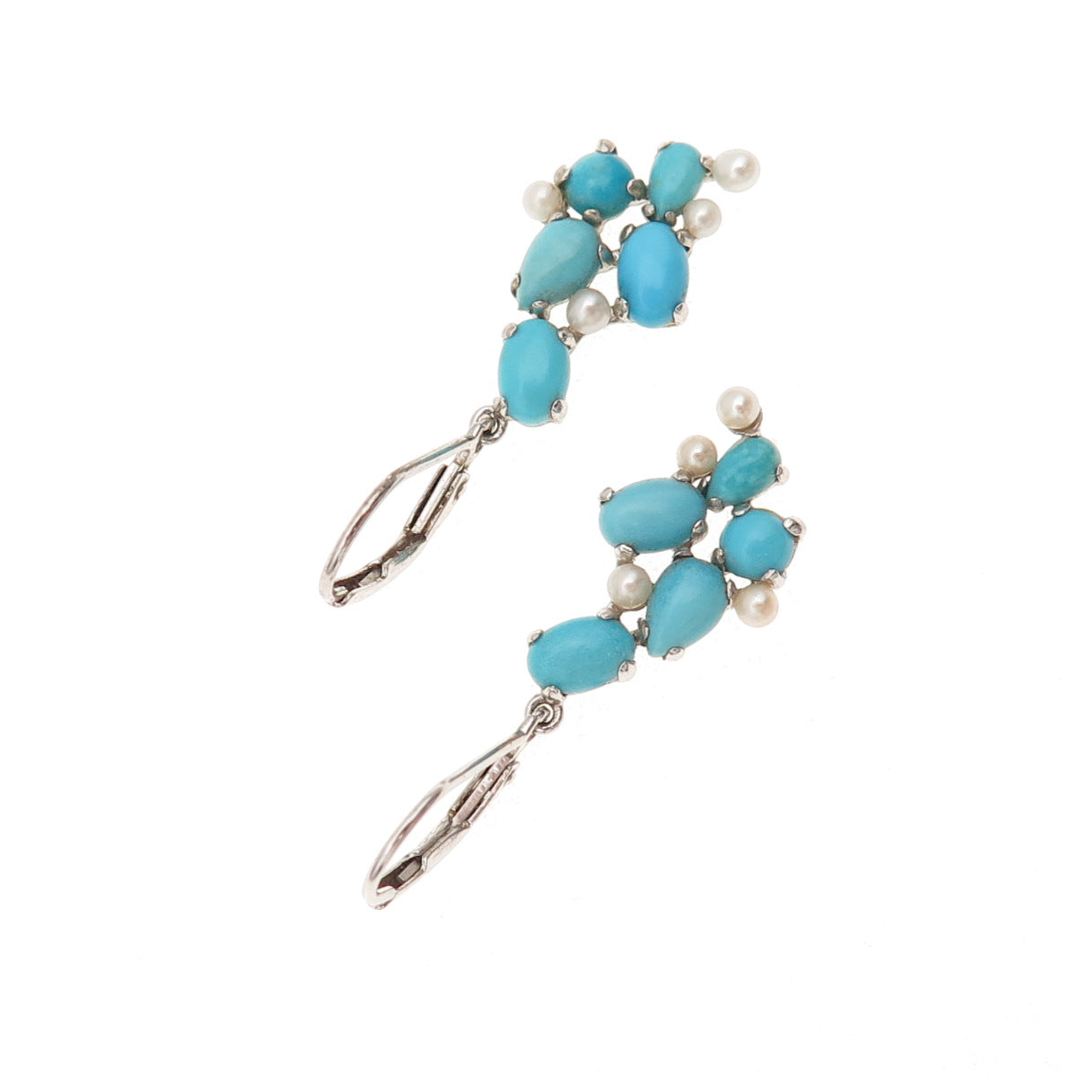 925 Sterling Silver Real Turquoise & Pearl Cluster Dangle Earrings