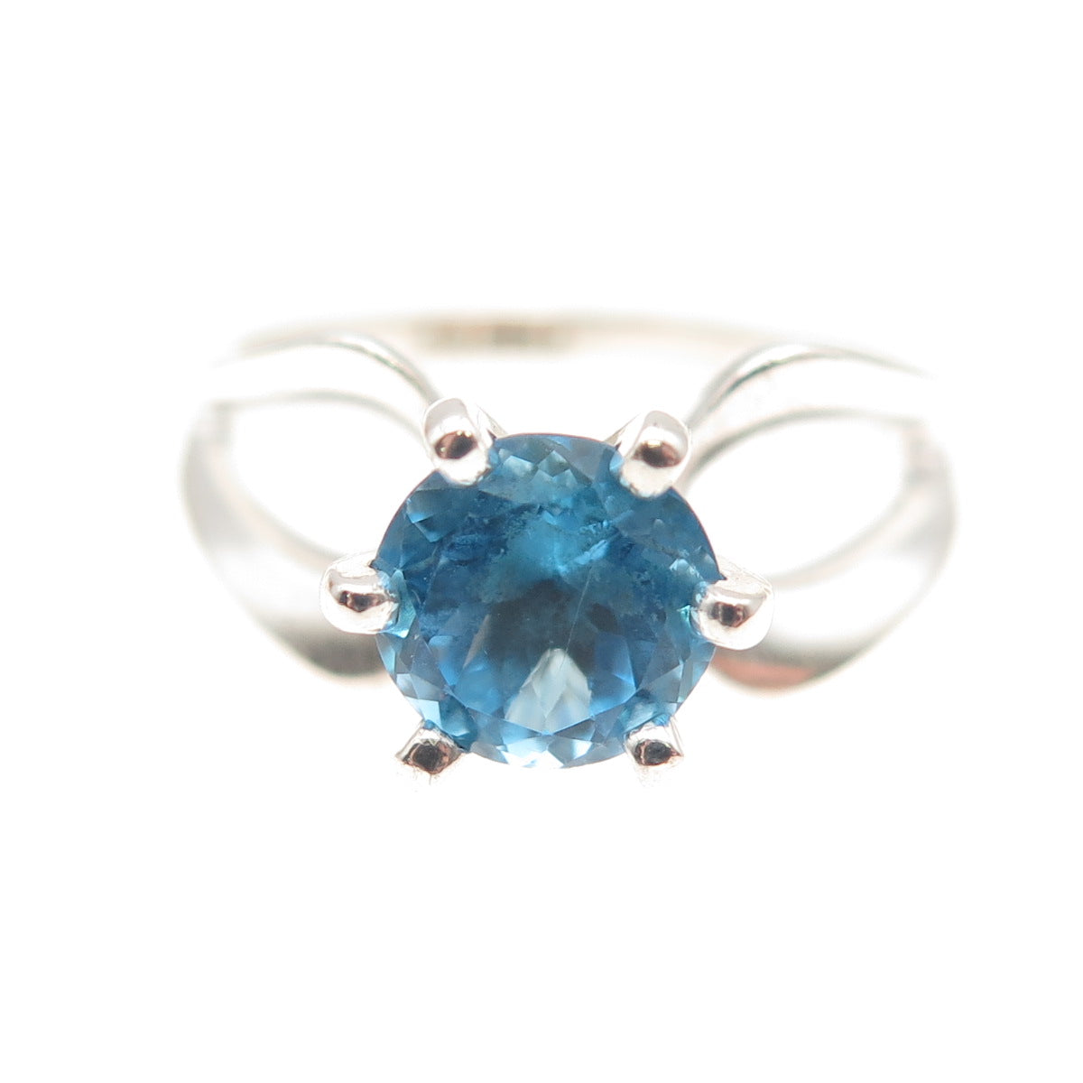 925 Sterling Silver Vintage Real Round-Cut Blue Topaz Modernist Ring Size 7