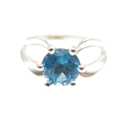 925 Sterling Silver Vintage Real Round-Cut Blue Topaz Modernist Ring Size 7