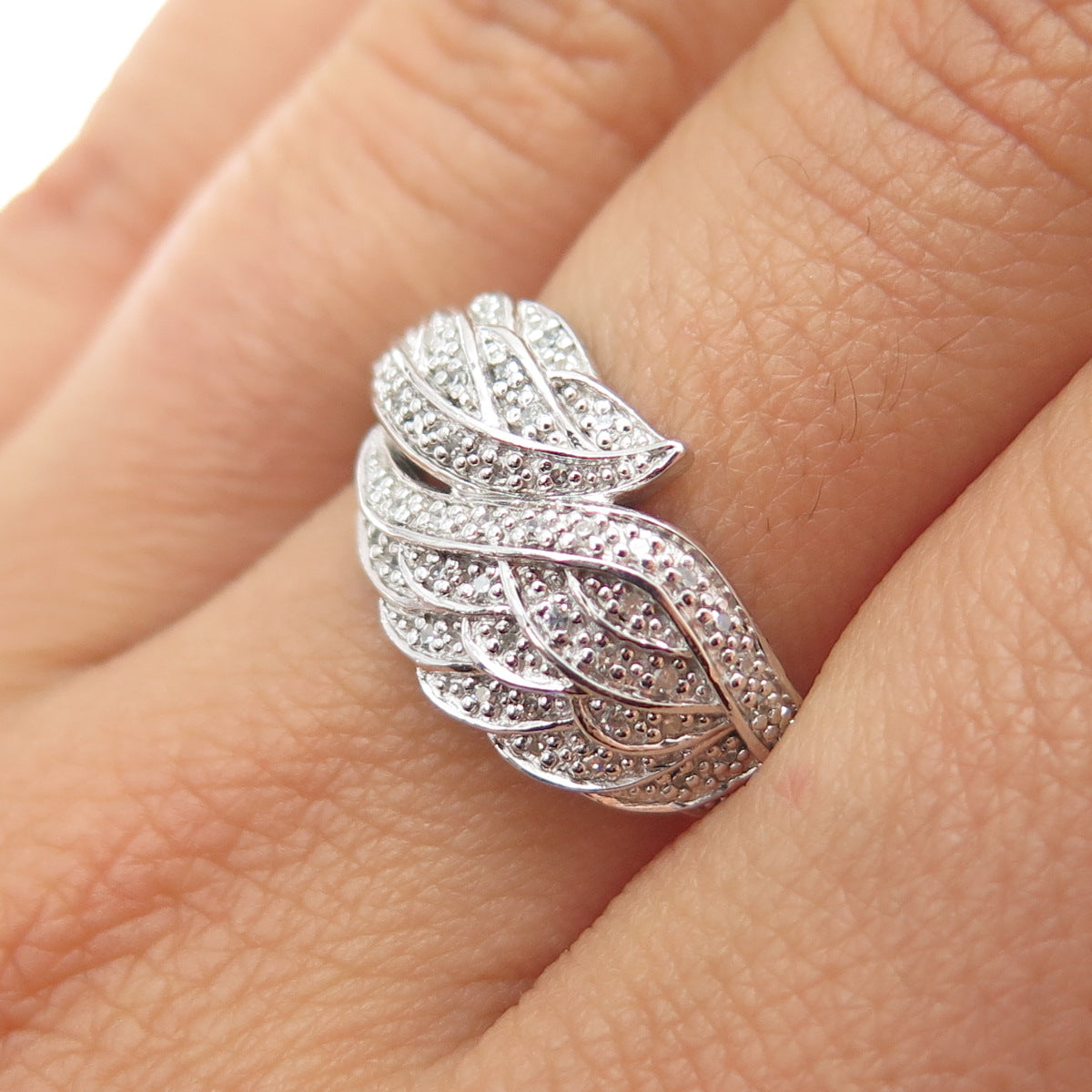925 Sterling Silver Real Round-Cut Diamond Angel Wings Ring Size 7.25