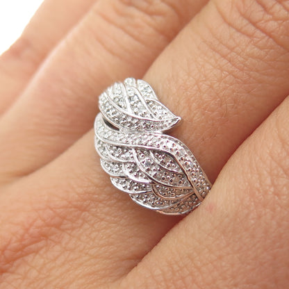 925 Sterling Silver Real Round-Cut Diamond Angel Wings Ring Size 7.25