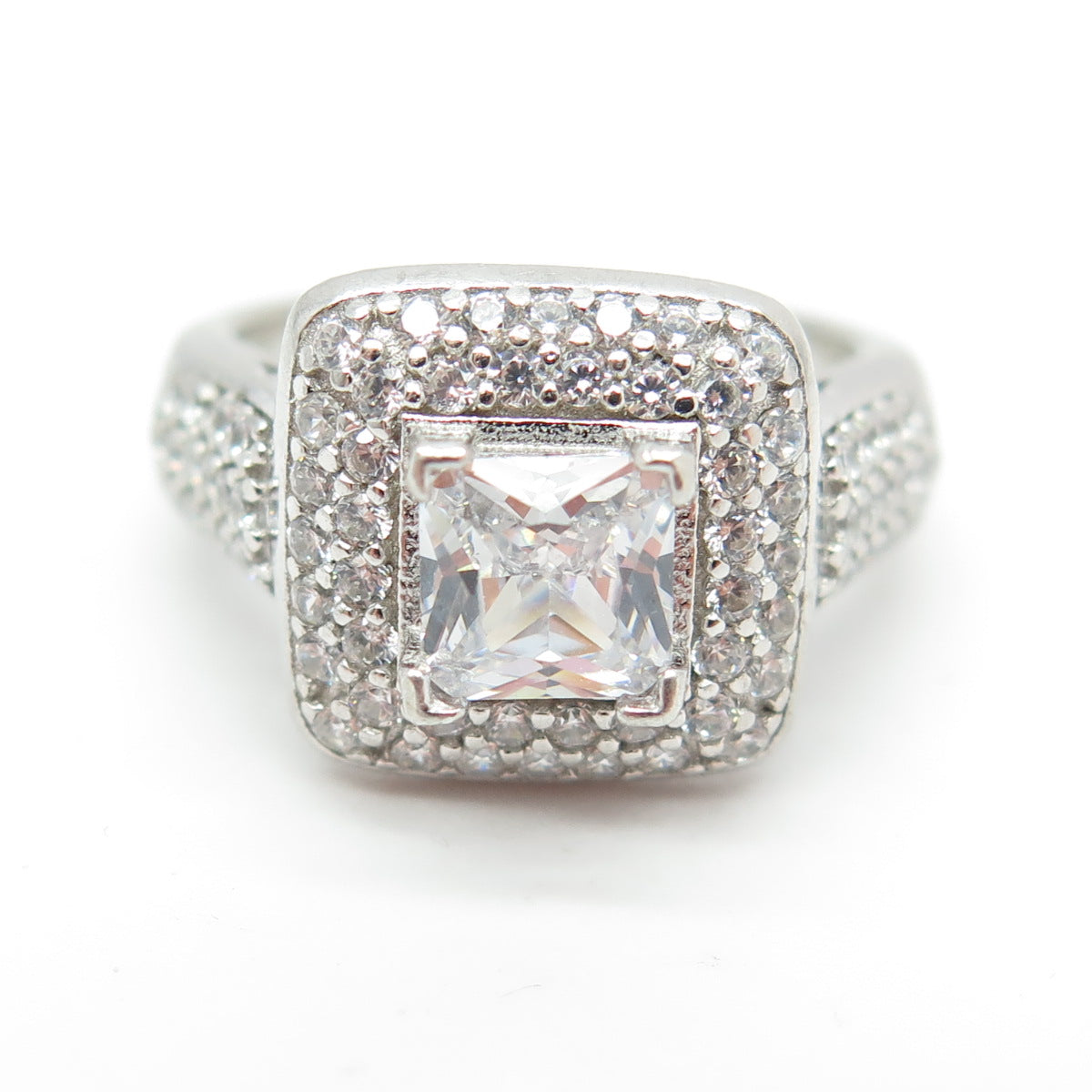 925 Sterling Silver Princess & Round-Cut C Z Engagement Ring Size 6.5