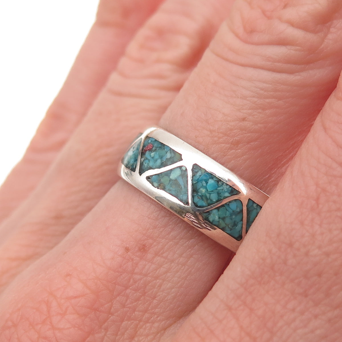 Old Pawn 925 Sterling Silver Vintage Turquoise Inlay Tribal Band Ring Size 9.75