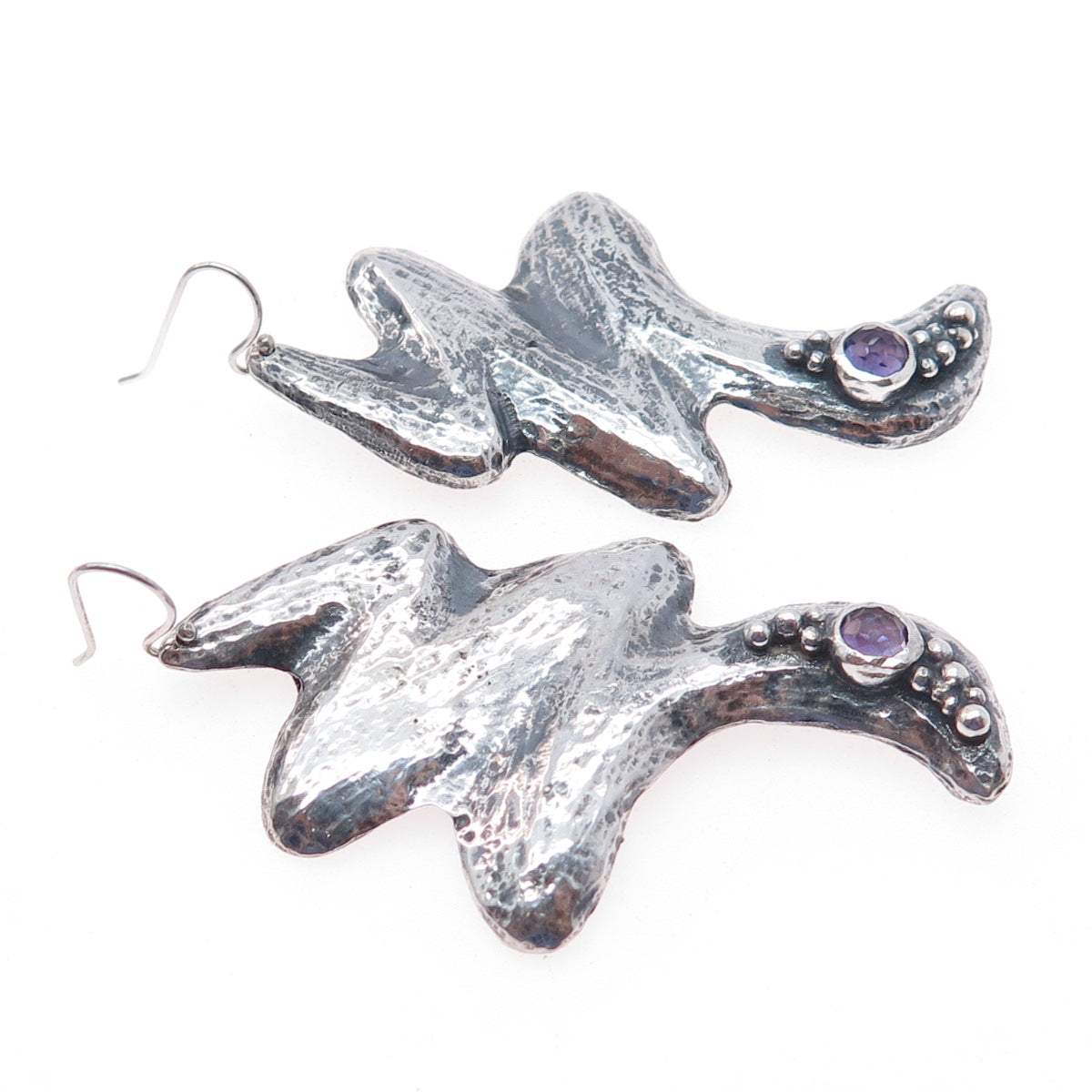 925 Sterling Silver Vintage Amethyst Modernist Zig Zag Oxidized Dangle Earrings