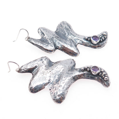 925 Sterling Silver Vintage Amethyst Modernist Zig Zag Oxidized Dangle Earrings