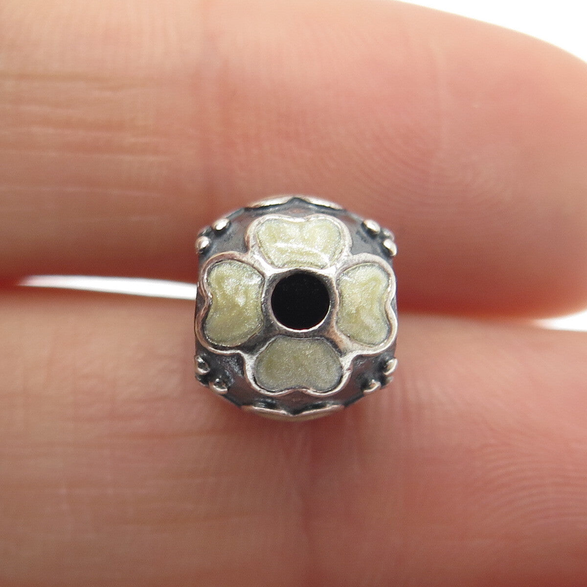 PANDORA 925 Sterling Silver Cream Enamel Daisy Flower Oxidized Bead Charm