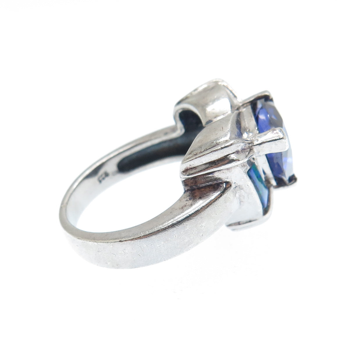 925 Sterling Silver Real Opal Blue & White C Z Heart Ring Size 7.25