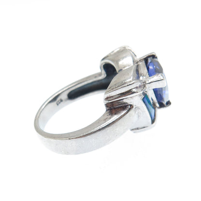 925 Sterling Silver Real Opal Blue & White C Z Heart Ring Size 7.25