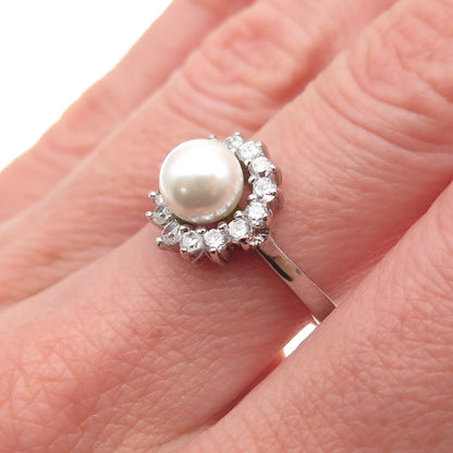 925 Sterling Silver Vintage Faux Pearl & Round-Cut C Z Ring Size 6.75