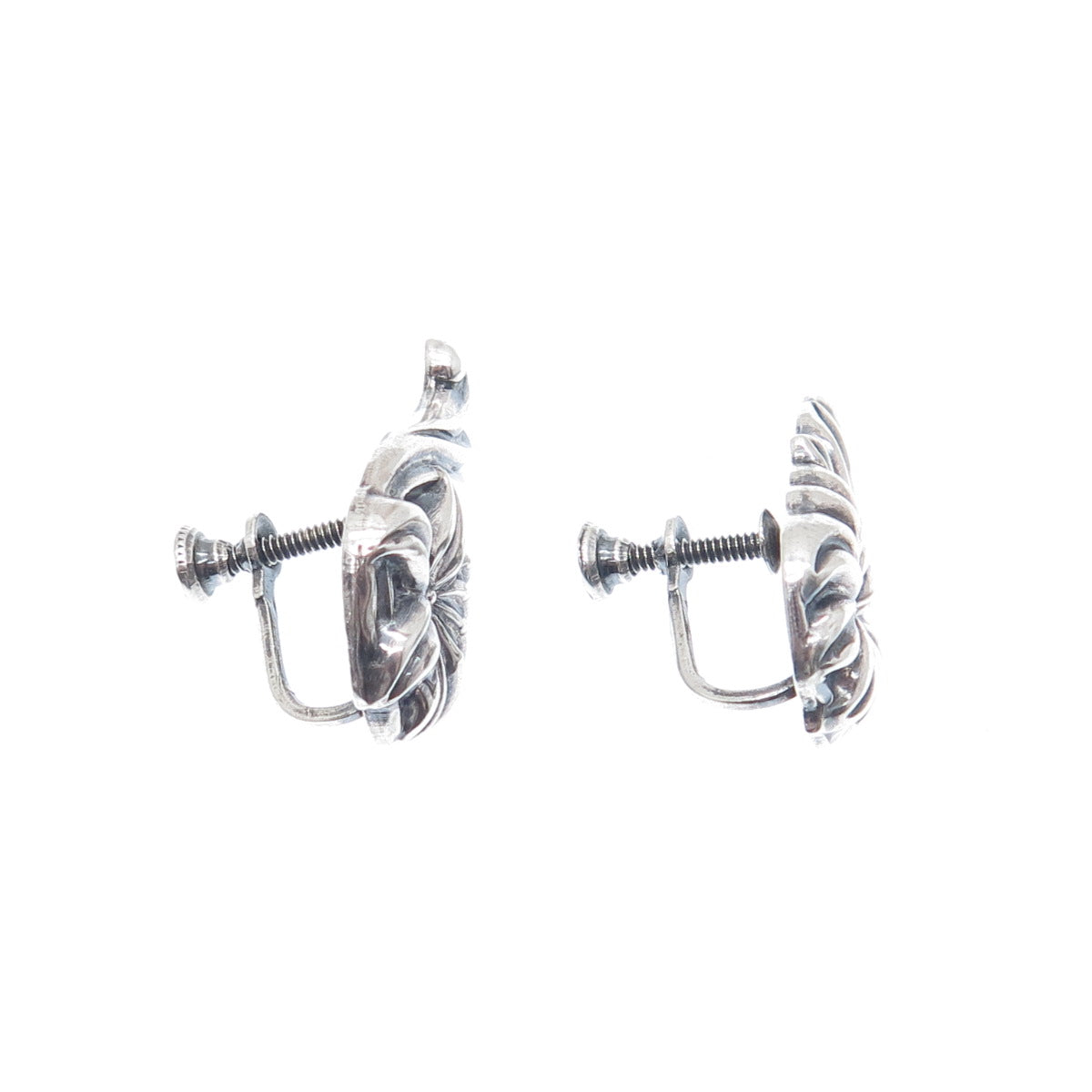 925 Sterling Silver Vintage Flower Repousse Oxidized Screw Back Earrings