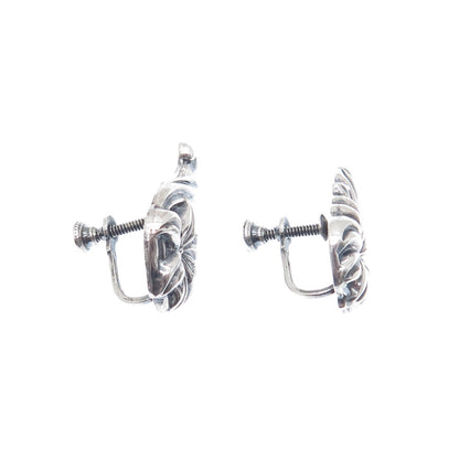 925 Sterling Silver Vintage Flower Repousse Oxidized Screw Back Earrings