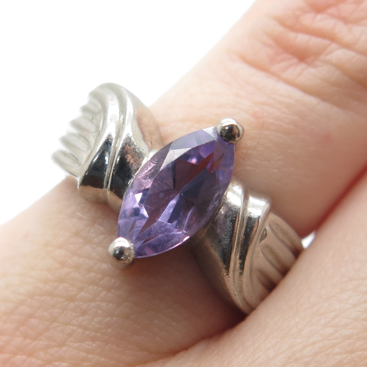 MONICA JAIN Sterling Silver Vintage Real Marquise-Cut Amethyst Ring Size 6.25