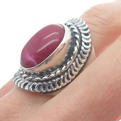 925 Sterling Silver Vintage Real Rhodonite Chain Link Oxidized Ring Size 10.5