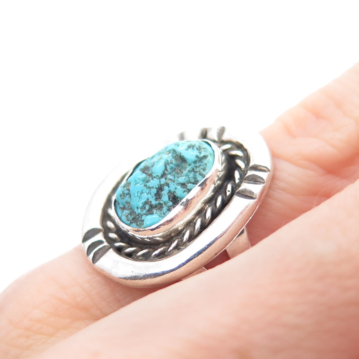 Old Pawn Sterling Silver Vintage Southwestern Turquoise Tribal Ring Size 3.75