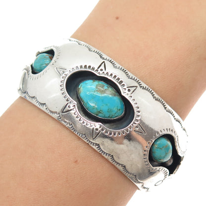 Old Pawn 925 Sterling Silver Vintage Kingman Turquoise Adjustable Bracelet 6"
