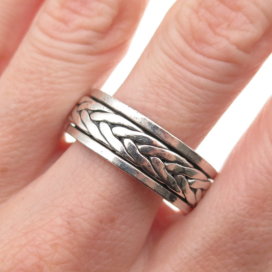 925 Sterling Silver Vintage Braided Oxidized Rotating Band Ring Size 12.75