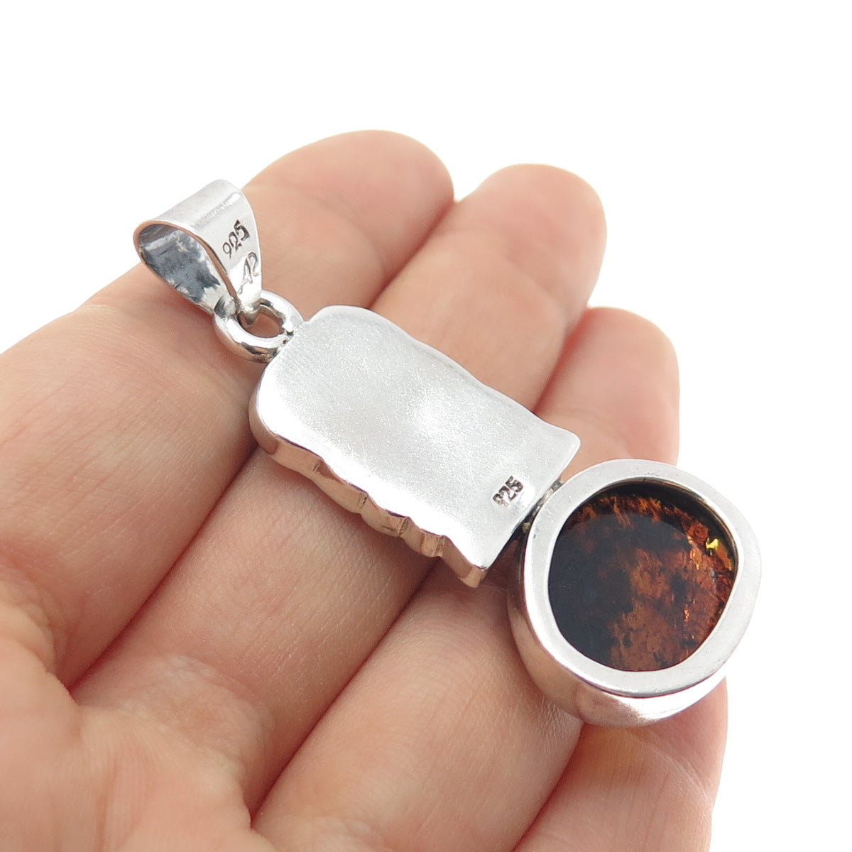 925 Sterling Silver Vintage Real Amber Aztec Symbol Oxidized Charm Pendant