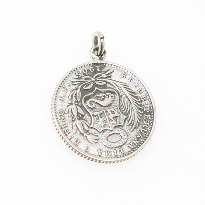 900 Silver Antique 1905 FIRME Y FELIZ POR LA UNION 1 Dinero Coin Pendant