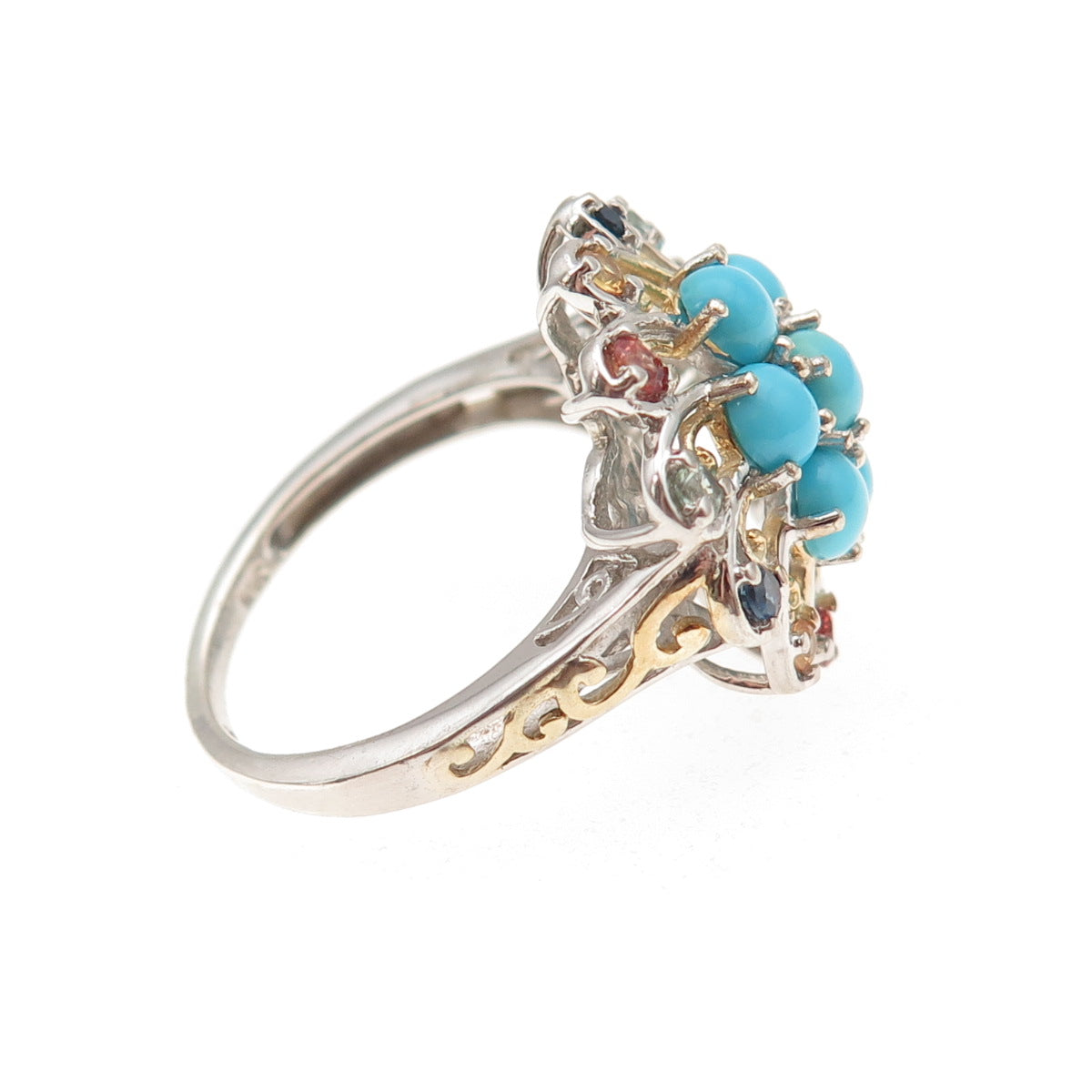 Chuck Clemency 925 Sterling 2-Tone Real Turquoise & Multi-Sapphire Ring Size 8