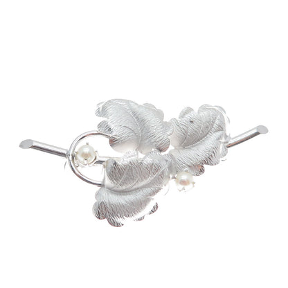 CARL ART 925 Sterling Silver Antique Art Deco Real Pearl Floral Leaf Pin Brooch