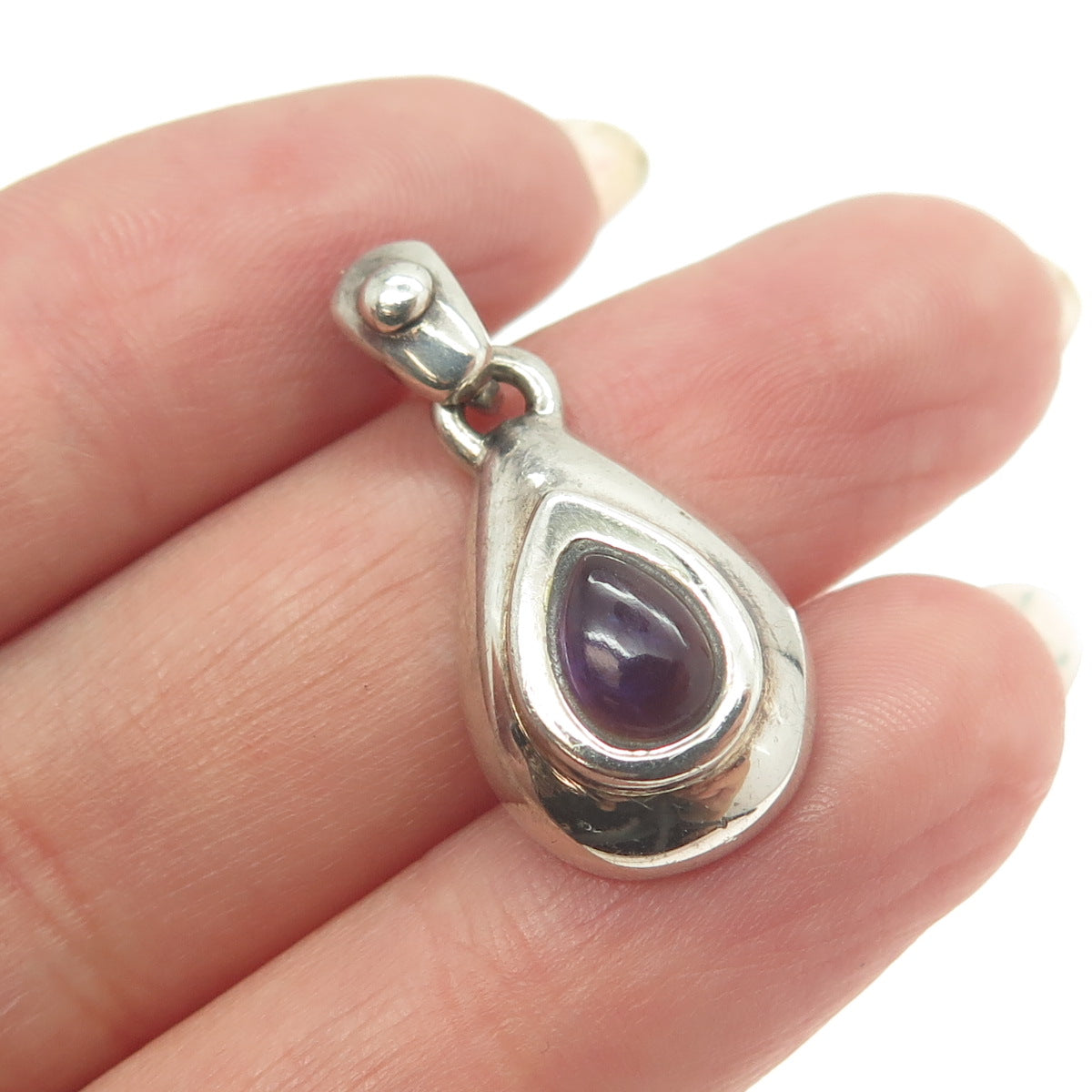 925 Sterling Silver Vintage Real Amethyst Teardrop Pendant