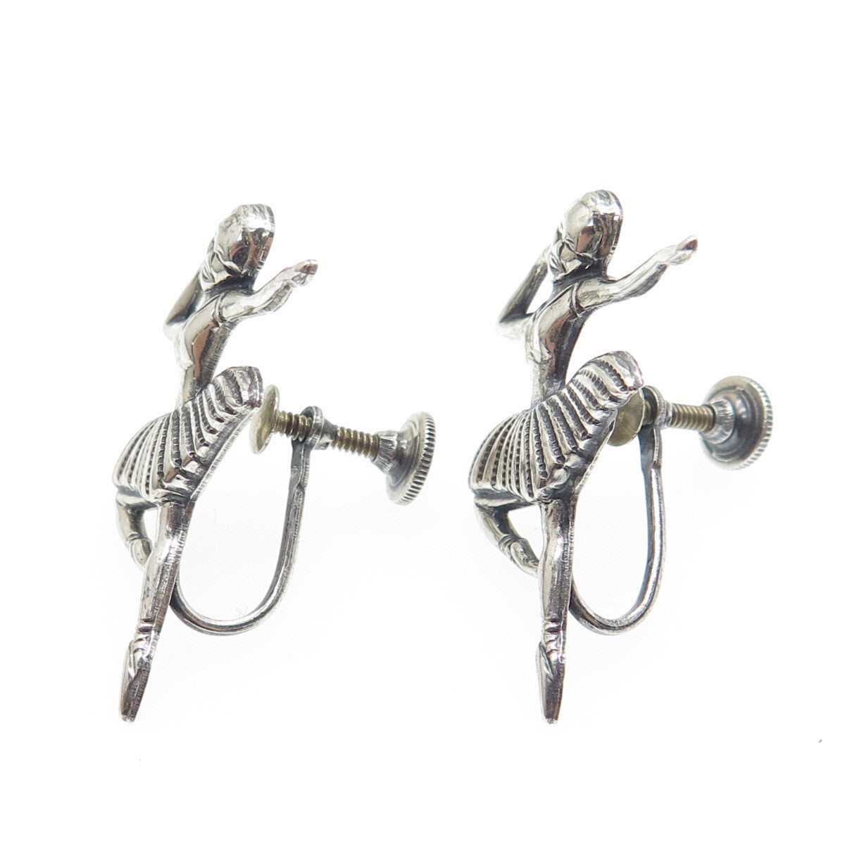 BEAU 925 Sterling Silver Antique Art Deco Ballerina Screw Back Oxidized Earrings