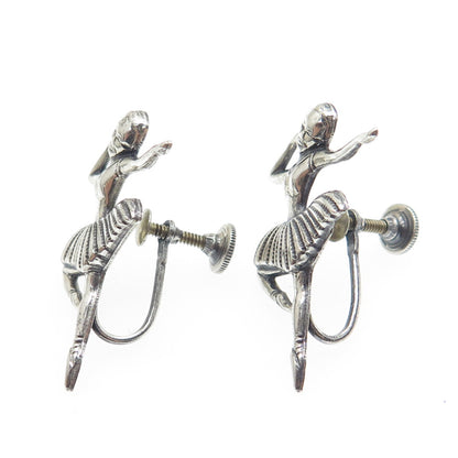 BEAU 925 Sterling Silver Antique Art Deco Ballerina Screw Back Oxidized Earrings